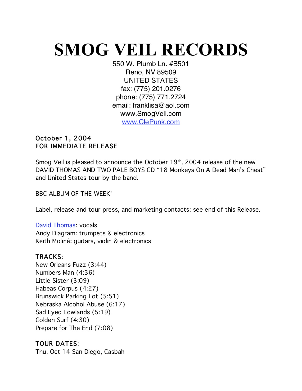 Dossier de presse Smog Veil 18 Monkeys